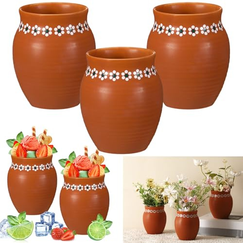 Ninehaoou Cantaritos De Barro Mexicanos Terrakotta-Vasen-Set, mexikanische Keramikvasen mit Blumendruck, runde Öffnung, für mexikanische Hochzeit, Tischdekoration, Fiesta-Mittelstücke, 473 ml, 3 Stück