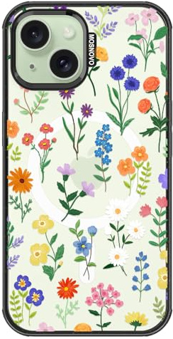 MOSNOVO Case for iPhone 15 [Compatible with Magsafe] [Buffertech 6.6ft Drop Protection] [Anti Peel Off Tech] - Clear Black - Botanical Floral