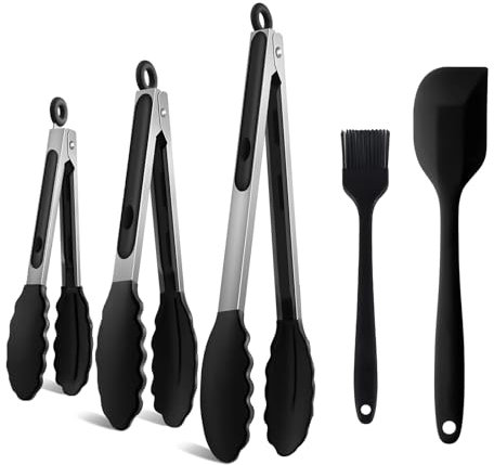 5PC Pince Cuisine Silicone,Pince Cuisine Inox,Pince Silicone Air Fryer,en Acier Inoxydable éPais et Système de Verrouillage-IdéAle pour la Cuisson - 21/26,5/35 cm