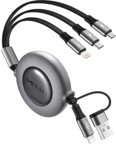 Minlu Multi USB-kabel, 3-i-2 infällbar laddkabel, multi-laddningskabel med dataöverföring [1,2 m] 5 i 1 laddkabel USB C snabbladdningskabel för iPhone 17 16 15 14 13 12 11, Android, galax, surfplatta | [3,5 A 1,2 m] Infällbar USB C-kabel, 3-i-2 USB C multiladdningskabel för iPhone-serien/Samsung/Huawei/Sony/surfplatta