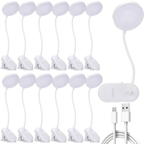 Retisee 12 Pcs Clip on Lamp Bulk LED Reading Light Book Lamp Clamp for Bed with 3 Brightness Level Night Light Clip on for Desk, Bed Headboard, USB Rechargeable