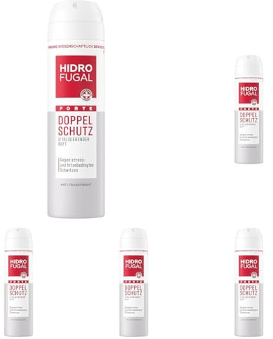 Hidrofugal FORTE DOPPEL SCHUTZ Spray, starker Antitranspirant Schutz gegen stress- und hitzebedingtes Schwitzen, Deospray mit angenehmem Duft ohne Ethylalkohol (150 ml) (Packung mit 5)