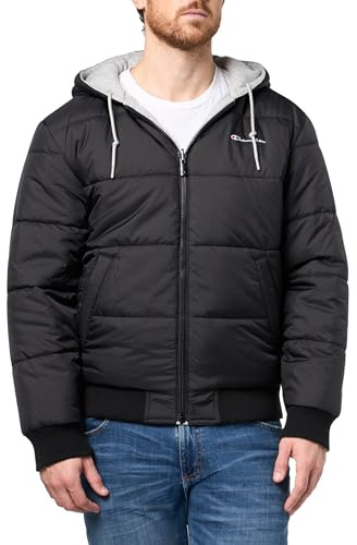 Champion Men's Reversible Puffer Jacket with Drawstring Hood, Black/Heather Grey, Large