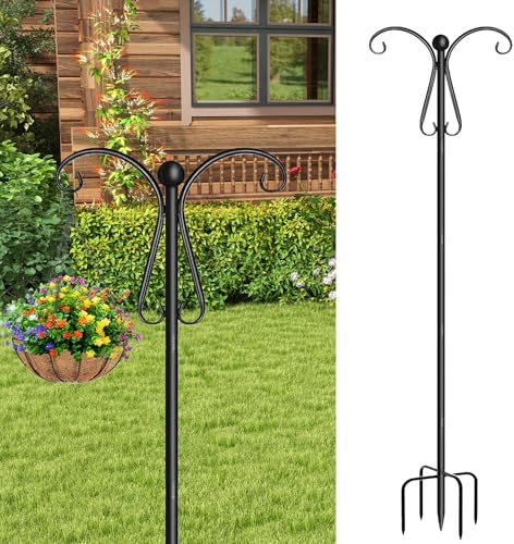 WIYETY Schäferhaken 240 cm, Garten Doppelhaken mit 5 Zinken, Vogelfutterspender Stange, Hirtenhaken Hirtenbogen, für Solarleuchten, Pflanzenkörbe, Laternen, Vogelhäuschen - Schwarz