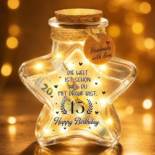 Giftota 15 Geburtstag Mädchen Junge, LED Flaschenlicht Sternform mit Korken, Geldgeschenke Geburtstag 15, Coole Geburtstag Tischdeko, Geschenkideen Geburtstagsgeschenk für Tochter, Sohn, Schwester