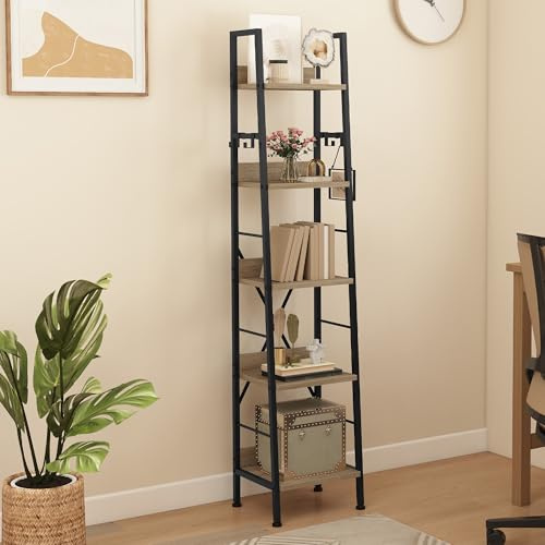 DWVO Libreria alta e stretta a 5 ripiani, scaffale industriale a scala, scaffali in legno e metallo sottile e sottile, scaffale moderno per soggiorno, corridoio, ufficio, Colore Rovere