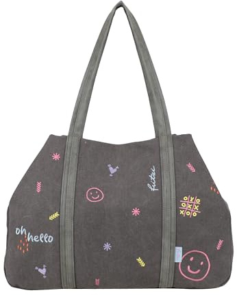 Fritzi Simply Shopper Limited Embro Fun Canvas Damen Shopper Handtasche Festival City vegan Stickerei Reißverschluss 29 x 44 x 16 cm – Anthrazit, Beige