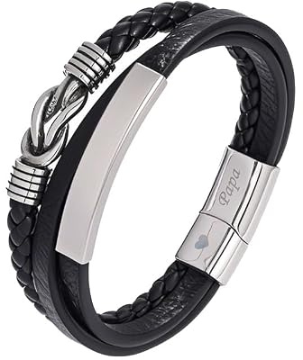 Weploda Graviertes Edelstahl Lederarmband, Armband Herren Männer Leder, Leder Armband, Lederarmband Herren Mit Gravur, Geburtstagsgeschenk Für Papa, Vatertag Geschenk Von Tochter Sohn