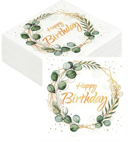 Servietten Eukalyptus Geburtstag 40 Stück, Happy Birthday Papierservietten | Grün Gold, Salbeigrün, für Mann Frau, Party Tischdeko, 33 x 33cm