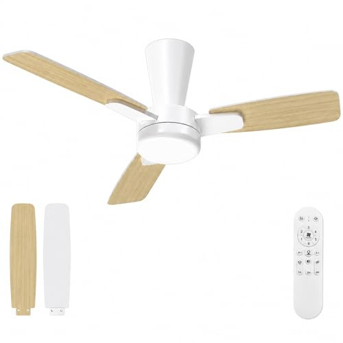 Mefine Deckenventilator mit Beleuchtung 106cm, Deckenventilator mit Licht und Fernbedienung, Leise Reversibel DC Motor, LED Dimmbar, 3 Snap-In-Flügel, Schlafzimmer Wohnzimmer, Gelbe Holzmaserung/Weiß