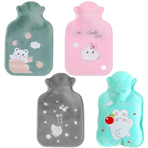 Mini Hot Water Bottle, 4-Pack with Covers, Pink Grey Green Blue