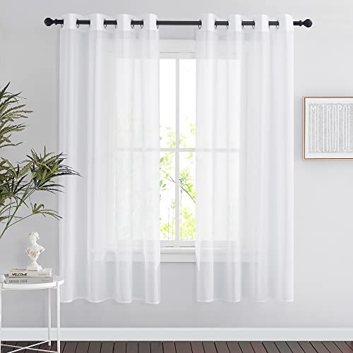 PONY DANCE Stores Gardinen Weiss Transparent - H 175 x B 140 cm Vorhang Kurz Durchsichtige Gardinen für Küche & Kleine Fenster Weiße Vorhänge mit Ösen, 2 Stücke