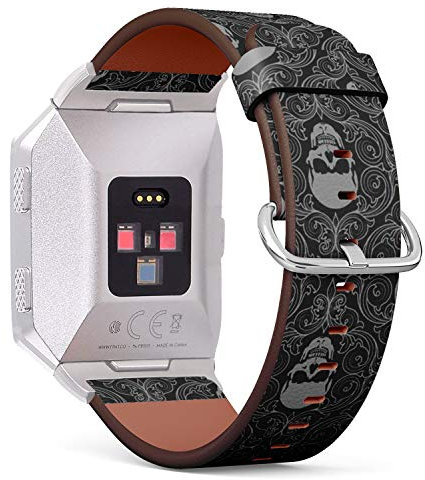 Kompatibel mit Fitbit Ionic Lederarmband, Armband mit Edelstahl-Verschluss und Adaptern (Totenkopf)