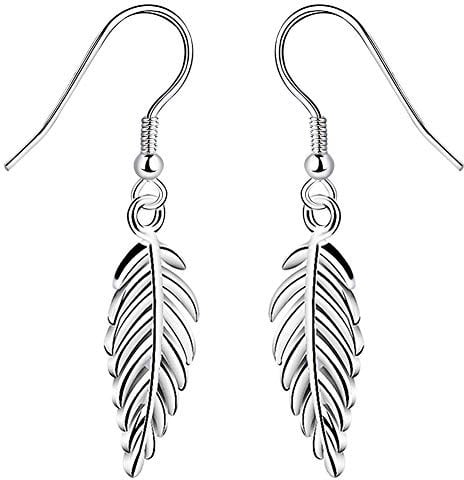 Yaneno 925 Sterling Silver High Polished Ear Hook Sweet Mini Long Leaf Dangle Drop Earrings Hypoallergenic Fashion Jewelry for Women Gift (White)