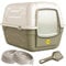 CAT CENTRE Grey Large Hooded Luxury Cat Litter Tray & Gusto Food Water Bowls Bundle
