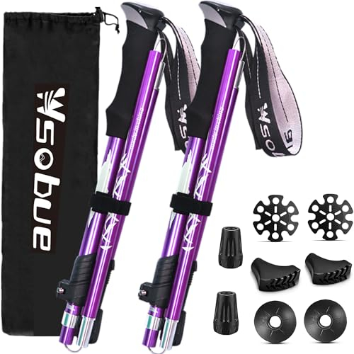 Trekking Pole, Collapsible Walking Hiking Stick for Men Women, Ultralight Aluminum Ski Pole with EVA Grip (Purple 2 Pack)