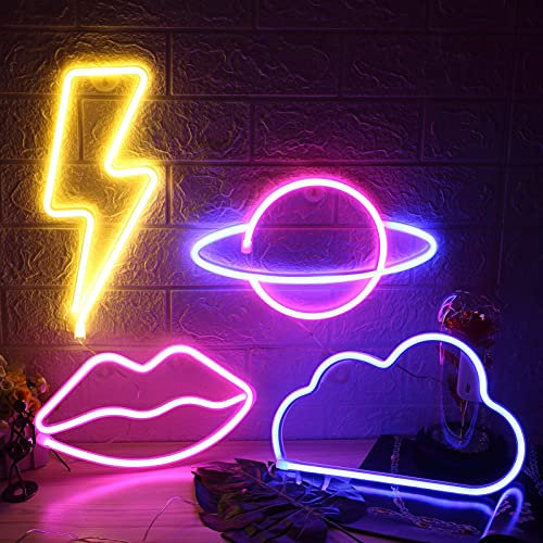 4 Pack Hanging LED Neon Signs, Battery Operat Planet Neon Wall Light Pink Lip Blue Cloud Yellow Lightning Shape Decorative Lights with 4 Hooks Preppy Party Supply for Wedding Dorm Birthday Room Decor
