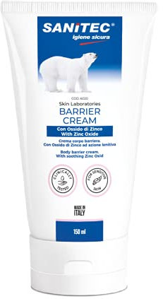 Sanitec Barrier Cream, feuchtigkeitsspendende Körpercreme mit Zinkoxid 10% mit beruhigender Wirkung, mit natürlichen Inhaltsstoffen und Mandelöl, geeignet für alle Hauttypen, dermatologisch getestet