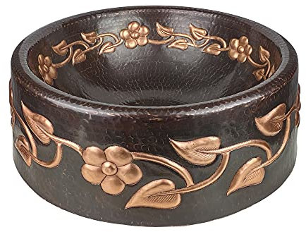Cerames Flores - Lavabo de cobre puro 43x43 cm martillado a mano, lavabo encastrado, cobre forjado a mano de México