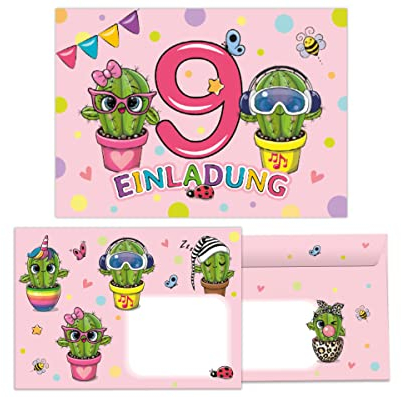 Junapack 12 Einladungskarten incl. 12 Umschläge zum 9. Kindergeburtstag Einladung zum neunten Geburtstag Mädchen Kaktus