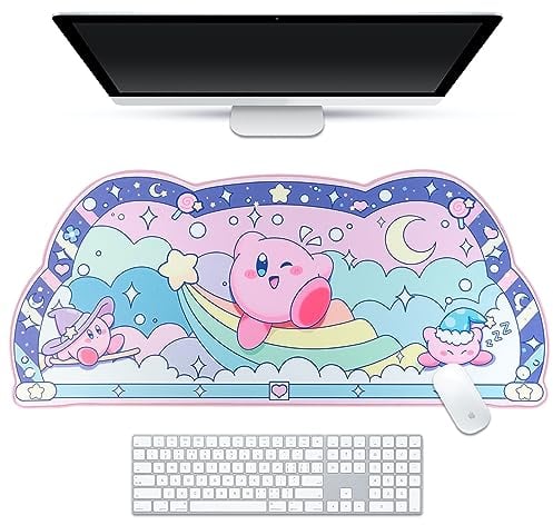 BelugaDesign Pink Puff Ball Desk Pad | Kawaii Cute Anime Keyboard Gaming PC Laptop Mat | Large Super Smash Star Allies Forgotten Land Large Mat Mousepad | Pastel Pink Blue Desk Blotter Protector
