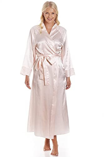 Camille Womens Luxury Smooth Satin Long Wraps - Ladies Lightweight & Breathable Dressing Gown with Tie Belt Fastening Peach 18-20