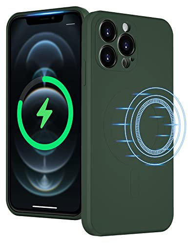 UEEBAI Flüssigsilikon Handyhülle zum kabellosen Aufladen für iPhone 12 Pro Max 6.7 inch, Integrierte Magnete Kompatibel mit MagSafing Faster Charging Slim Fit Weiche Mikrofaserhülle - Dunkel Grün