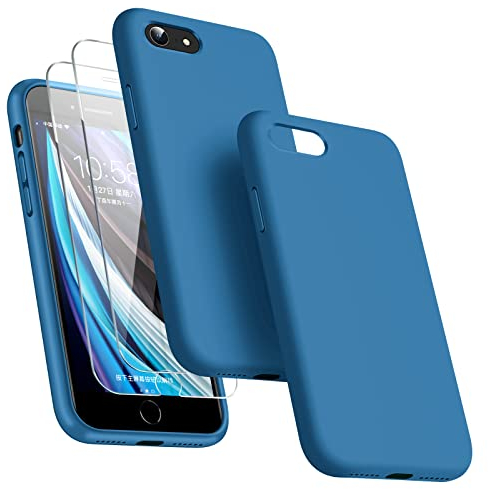 Dssairo [3-in-1 für iPhone SE Hülle 2022/3rd/2020/2nd gen, iPhone 7/8 Hülle, mit 2 Displayschutzfolien, Flüssigsilikon, ultradünn, stoßfest, Schutzhülle [Mikrofaser-Futter] (Marineblau)