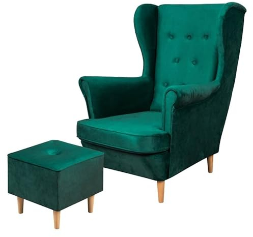bonni Floki Ohrensessel + Fußhocker im skandinavischen Stil. Fernsehsessel Lehnstühl Sessel Polstersessel Relaxsessel Bequemer Loungesessel auf hohen Beinen mit Pouf (Königlich Grün)