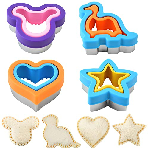 4 Cortadores de Sándwich para Niños, Cortadores de Galletas, Cortadores de pan para Niños con Mickey mouse, dinosaurio, estrella y forma de Corazón Frutas Vegetales de para el almuerzo