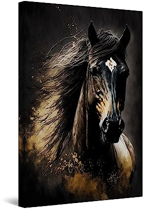 Startonight Impression sur Toile - Cheval d'Or Noir - Grande Tableau Decoration Murale Prêt à Accrocher Peinture Moderne et Contemporaine Grande 80 x 120 cm Idée Cadeau Élégante et Originale