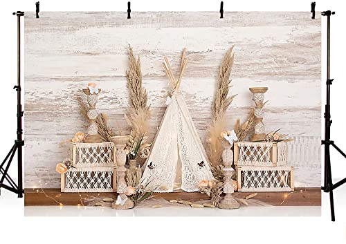 MEHOFOND 2,1 x 1,5 m Bohemia Thema Fotografie Hintergrund Retro Holz Boho Zelt Heu Schilf Pampas Weizenohren Kaninchenschwanz Gras Neugeborene Porträt Hintergrund