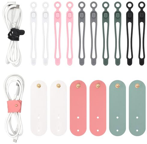 TRUEIN 16 Pcs Silicone Reusable Cable Ties, PU Leather Cable Straps, Cable Cord Organizers, Silicone Wires Ties, Headphones Cord Organiser Holder for USB Cable Headphone Wire (6 Colors)
