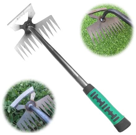 Unkrautstecher11 Zähne Hand, Gartenkralle mit Gummigriff，Unkrautstecher Edelstahl，Manueller Weeder Löwenzahnzieher Rasenmäher für den Garten Rasen Hof