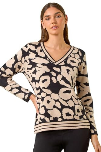 Roman Originals V-Neck Jumper for Women UK Ladies Boyfriend Fit Slouch Sweater Winter Autumn Textured Casual Flattering Knit Pullover Knitwear Daywear Lightweight Lounge - Black Natural - Size 12