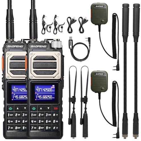 BAOFENG UV-25 Tri-Power - Dispositivo de radio de mano (10 W de larga distancia, receptor UHF VHF FM Air, batería de 5200 mAh, cuello de cisne táctico y antena de látigo, micrófono, cable de