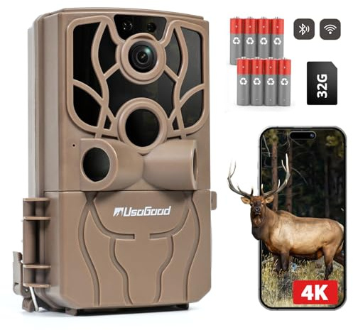 usogood 4K 48MP Fototrappola WiFi per Caccia e Videosorveglianza, Fototrappola Notturna con Infrarossi Invisibili 850nm, Impermeabile IP66 con 8 Batterie AA e 32GB Scheda di Memoria