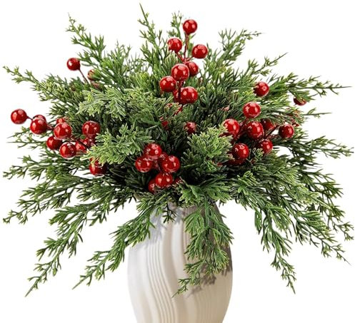 45PCS Christmas Artificial Pine Branches With Red Berry Stems | 10.5 Inch Faux Christmas Tree Branches For A Vase | Realistic Evergreen Norfolk Pine Stems Christmas Greenery - Christmas Decoration