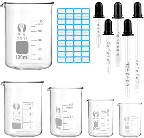 16 Stück Messbecher Set,Becherglas 100ml 50 ml 25 ml 10 ml 5 ml, Pipetten 5 ml, 10 ml, 20 ml, 50 ml, 100 ml mit 5 Schwarzen Klebespitzen+ 1 Bogen mit Sortieraufklebern für Labor