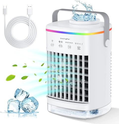 Mobile Klimaanlage, 3-in-1 Tragbare Klimaanlage, 700ml Mini Klimaanlage mit 4 Geschwindigkeiten & 3 Nebelmodi, 2/4/6/8 H Timer Klimagerät, 7 Farben Nacht-LED Mini Luftkühler für Hause, Büro, Zimmer