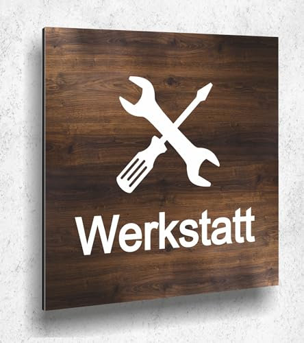 Schild Türschild Werkstatt Holz optik Eiche Dunkel Damen Herren Holz UV Druck 12 x 12cm - 3mm Aluverbund - Made in Germany Art.Nr. E 2081