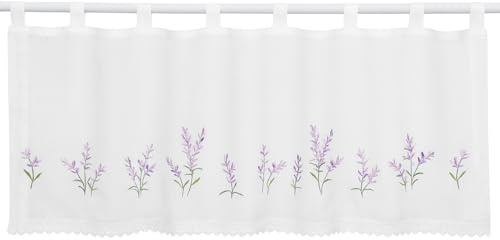 Clever-Kauf-24 Lavendel Scheibengardine, Bestickte Bistrogardine, Halbtransparent, HxB 45x120cm, Weiß mit Lila Blumen