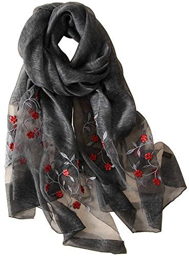 Alysee Damen Schal aus Seide und Wolle, gemischte Blumen, bestickt - Schwarz - Large