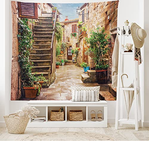 ABAKUHAUS Italien Wandteppich, Old Stone Street Häuser aus Weiches Mikrofaser Stoff Waschbar ohne Verblassen Digitaldruck, 150 x 110 cm,Grün Tan