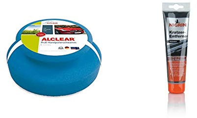 ALCLEAR 5713050M Auto Profi Handpolierschwamm 130 x 50 mm mit umlaufender Griffleiste für Wachse, Polituren, Politur Set, statt Poliermaschine & NIGRIN 74256 Kratzer-Entferner, 150 g, schwarz