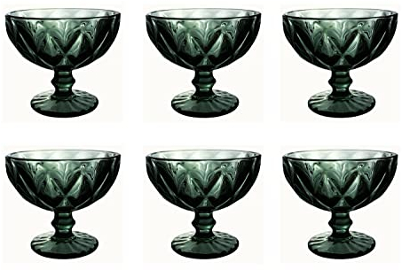 Vintage 6er-Set Farbige Weingläser und Trinkgläser mit Diamant Muster (Rombus) Longdrinkgläser, Cocktail Gläser mit Prägung, Glas, Trinkglas, Weinglas, Wasserglas, Glaskelche (Grau Dessertschale)