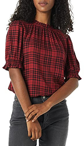 Amazon Essentials Women's Fluid Twill Short Puff Sleeve Smock Detail Shirt, Black Red Medium Plaid, S