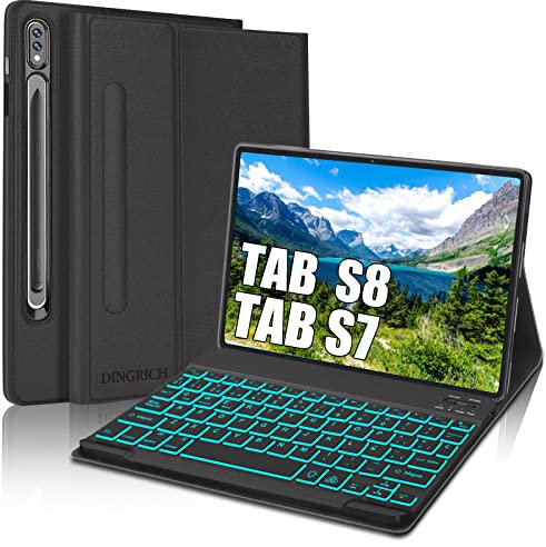 Funda Teclado Bluetooth con Portalápiz Extraíble Inalámbrico 7 Color Retroiluminación, Teclado España Ñ para Samsung Galaxy Tab S8 2022/S7 2020 (SM-T870/T875/T878/X700/X706)