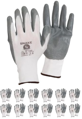 TK Gloves SNAKE/Guante de poliéster protector recubierto de nitrilo/Talla 9, 12 pares/Gris Blanco/Guantes/Guantes de montaje/Guantes de trabajo/Guante protector de nitrilo/Delgado Flexible