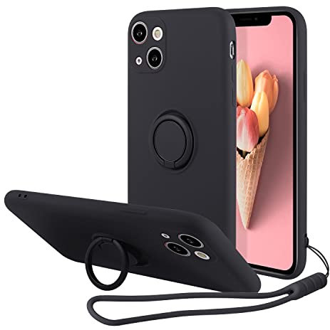 UEEBAI Case for iPhone 13 6.1 inch, Ultra Slim TPU Shockproof Case Liquid Silicone Case Rotatable Ring Holder Kickstand with Magnetic Car Mount Gel Rubber Cover Wrist Strap for iPhone 13 - Black